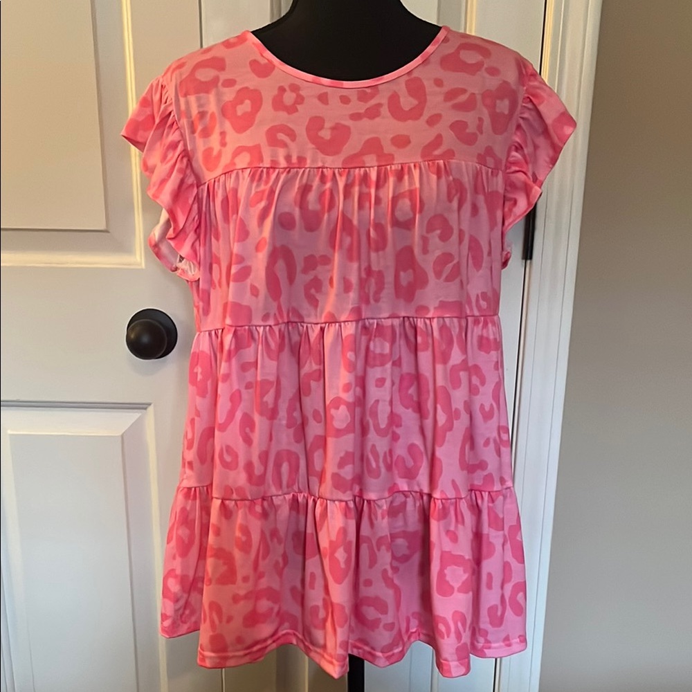 Pink Leopard Print Ruffle Sleeve Top
